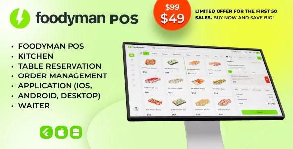 Foodyman - Single Restaurant POS + Kitchen + QR Menu +Table Reserv + Waiter (iOS, Android, Desktop)