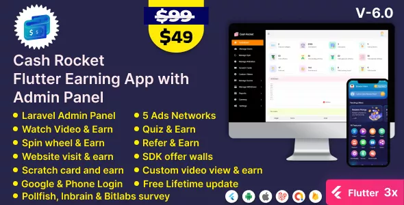 Cash Rocket - Flutter Online Earning App with Admin Panel