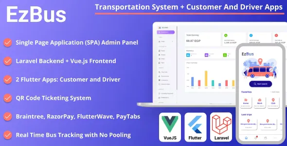 EZBus - Transportation Management Solution - Two Flutter Apps + Backend + Admin Panel