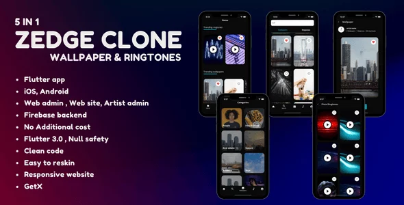 5 in 1 - Zedge Clone - Wallpaper and Ringtones - Android + iOS + Admin Panel + Artist Panel + Website