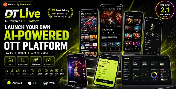 DTLive - Movie, TV Show, OTT, Live TV, Streaming Flutter App (Android, iOS, Web) with Admin Panel