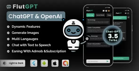 FlutGpt - ChatGPT Flutter Full Application | Art Generator | ADMOB | Subscription Plan