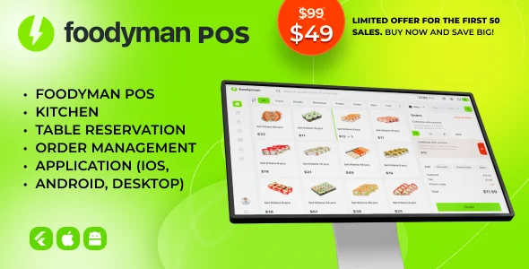 Foodyman - Single Restaurant POS + Kitchen + QR Menu +Table Reserv + Waiter (iOS, Android, Desktop)