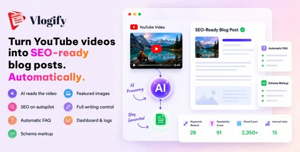 Vlogify - AI YouTube to Blog Post Generator for WordPress